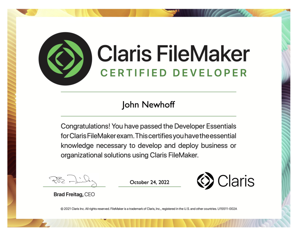 Digital certificate showing John's completion of the version 19 Claris FileMaker certification.