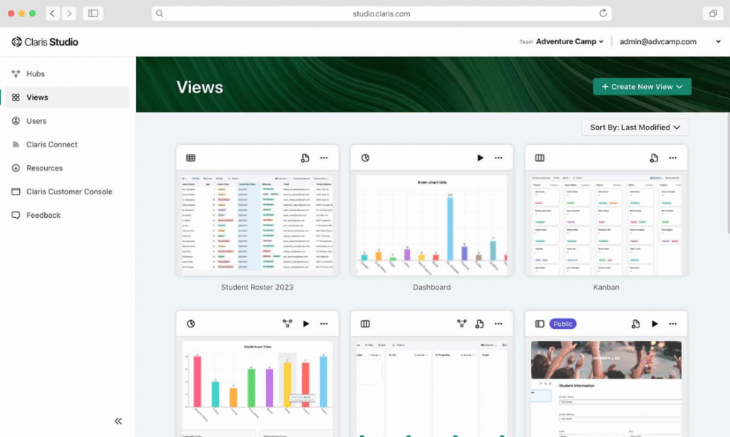 View of Claris Studio and its options for ways to view data and results.