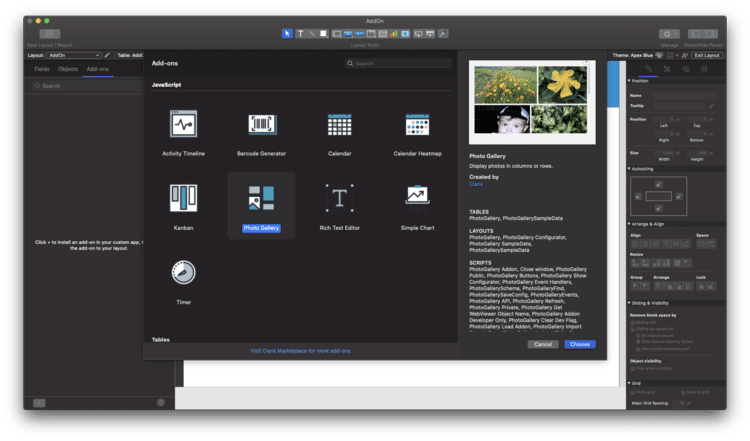 Screenshot of various FileMaker modules and add-ons, for customization