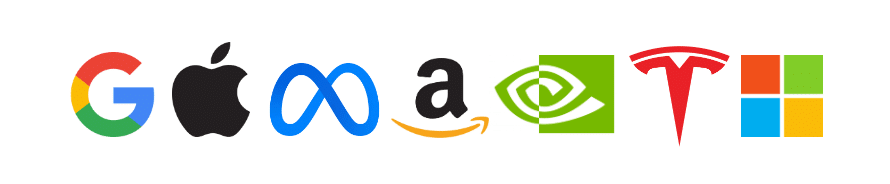 Lineup of logos for companies known for digital transformation - Google, Apple, Meta, Amazon, Tesla, Microsoft