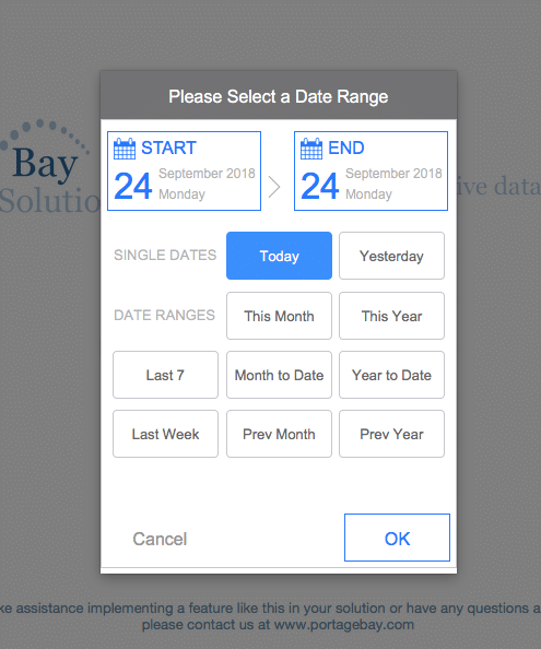 Screenshot of Date Range Chooser window from the FileMaker Pro solution