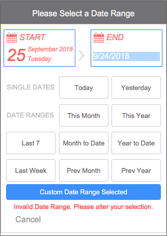 Screenshot of what error validation looks like within the Date Range Chooser window