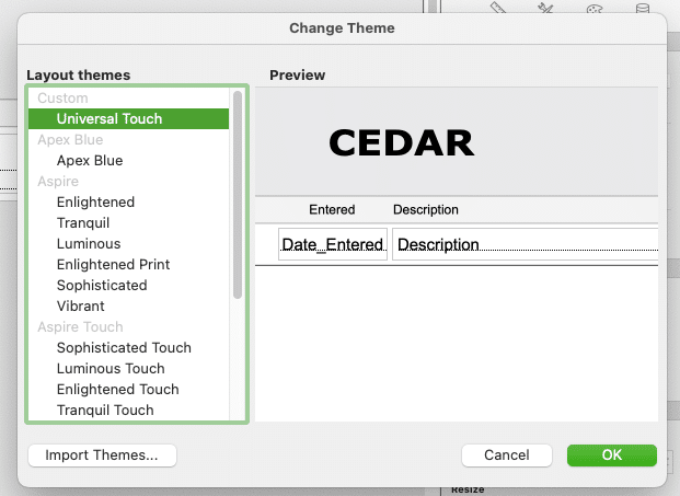 Screenshot of Layout mode in FileMaker, showing the Universal Touch theme and options
