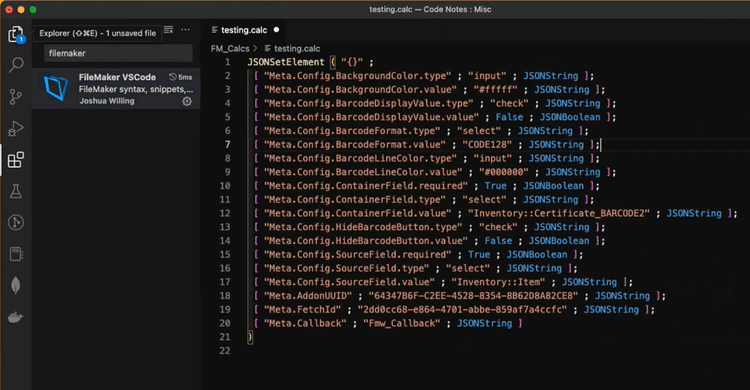 FileMaker tips - screenshot of VS Code extension