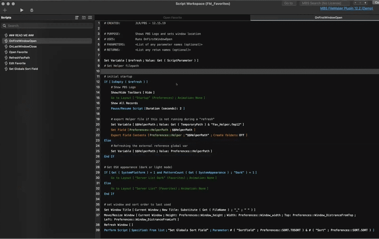 Screenshot showing the custom colorization in the script editor, another of the FileMaker tips toward Developer Zen.
