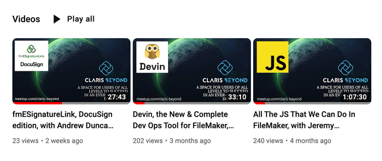 Icons of YouTube videos about Claris FileMaker integrations