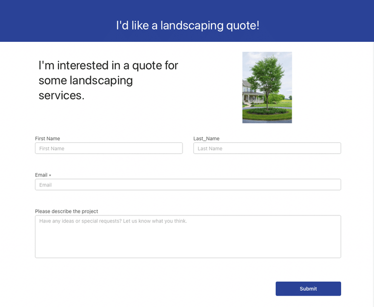 Alt text: Sample landscaping quote web form created in Claris Studio