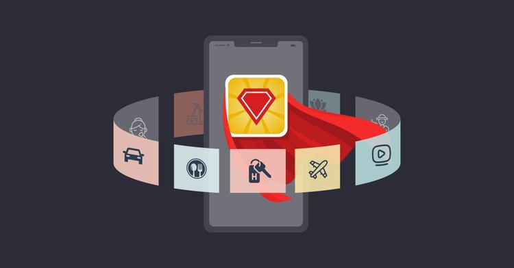 Illustration of Super App concept, complete with red superhero cape Link image to https://blog.embrace.io/super-apps/