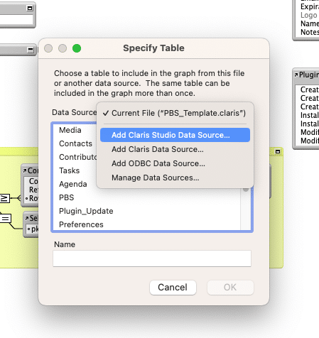 Specify Table window inside Claris FileMaker