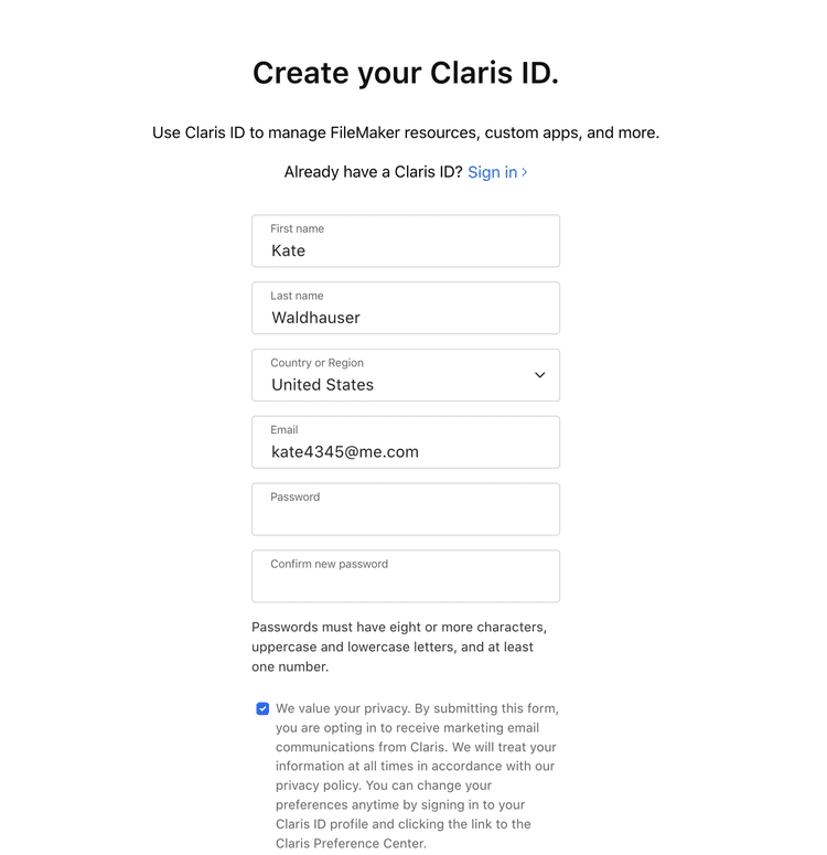Fields for creating your Claris ID