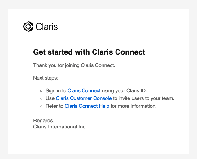 Welcome message within Claris Connect