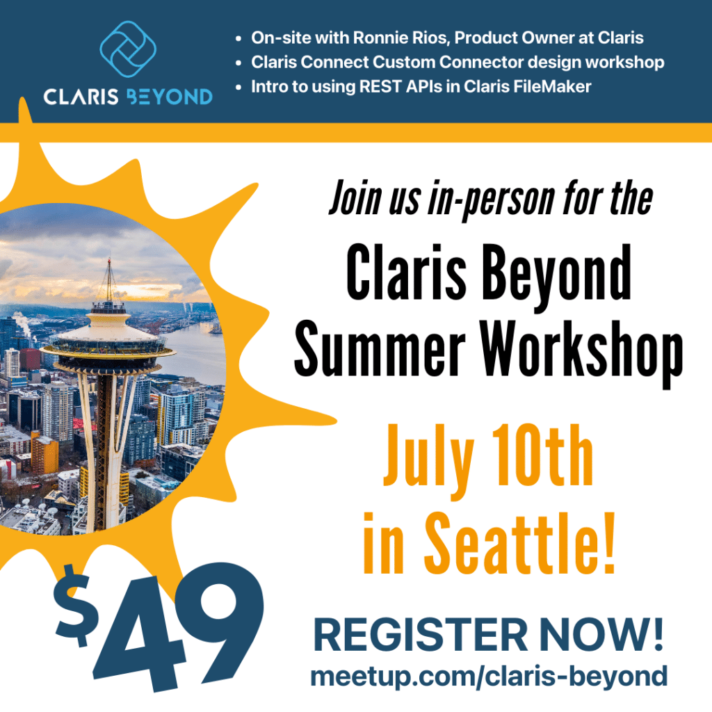 Graphic with details about registering for the Claris Beyond Summer Workshop