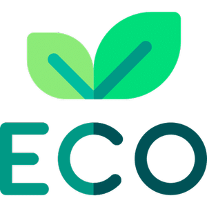 Icon representing eco-friendly with two green leaves and the word Eco