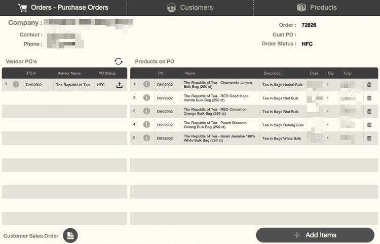 Screenshot of database purchase order management layout