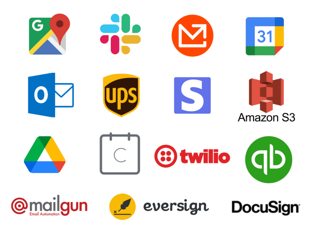 Collection of logos representing Claris Connect integrations, such as Google Maps, Slack, Outlook, UPS, and more