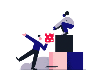 Graphic of two people working together to create a grouping of sturdy building blocks