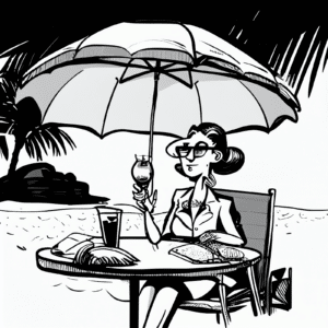 Black and white cartoon image of accountant enjoying their extra time on the beach after their QuickBooks Online integration