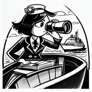 Black and white cartoon image of accountant peering through a monoscope with new financial insights after connecting FileMaker with QuickBooks
