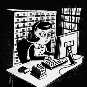 Black and white cartoon image of accountant doing exhausting data entry before a QuickBooks Online integration