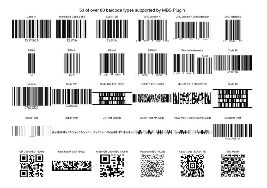 30 of over 80 barcode types supported by MBS Plugin