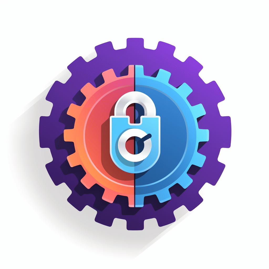 Colorful graphic of integrating gears, overlaid with security lock