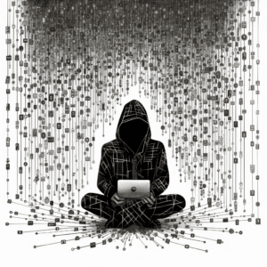 Black and white graphic of a hooded computer hacker underneath a cascading shower of computer elements, illustrating security risks when using outdated methods of sending email instead of OAuth 2.0.