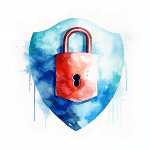 Watercolor depiction of a red lock centered on a blue shield, illustrating the security achieved when using OAuth 2.0 with FileMaker emailing.