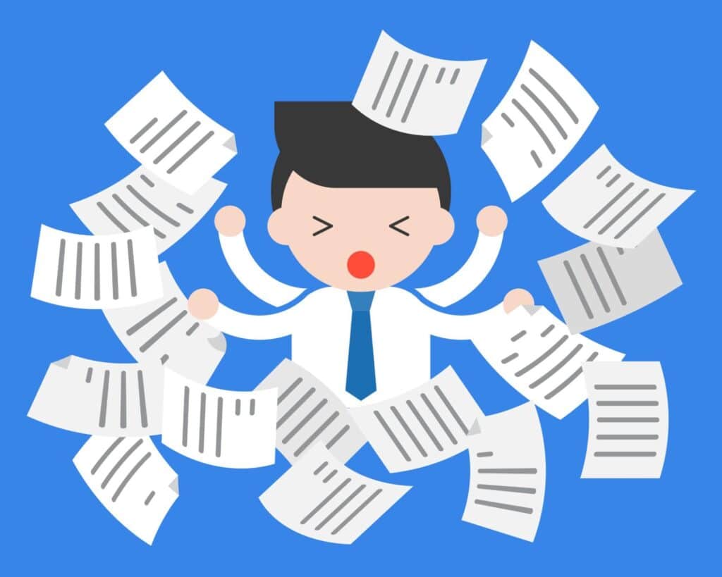 Cartoon illustration of office worker with flailing arms and scattered documents, before a Xodo Sign integration.