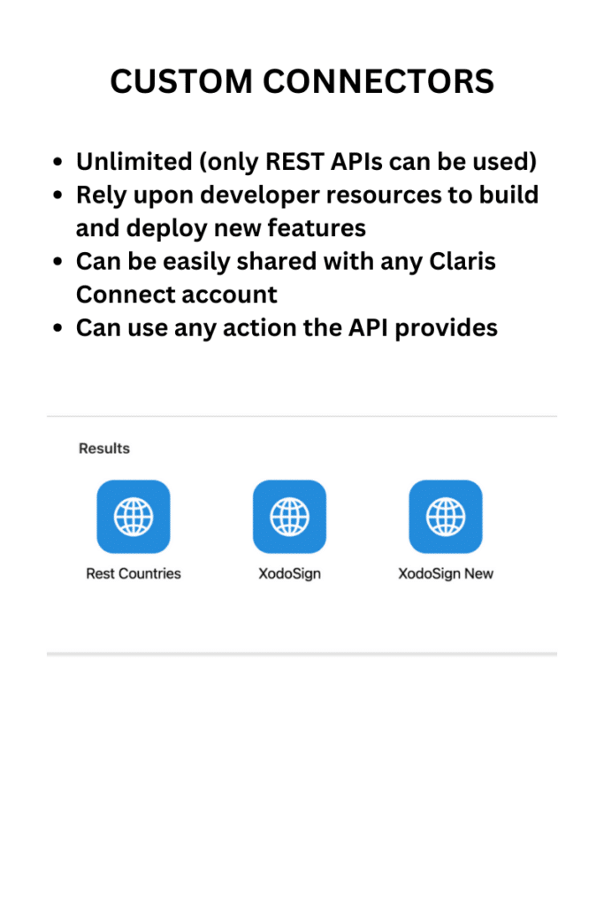 Bullet points outlining the features of custom connectors, versus pre-built connectors.