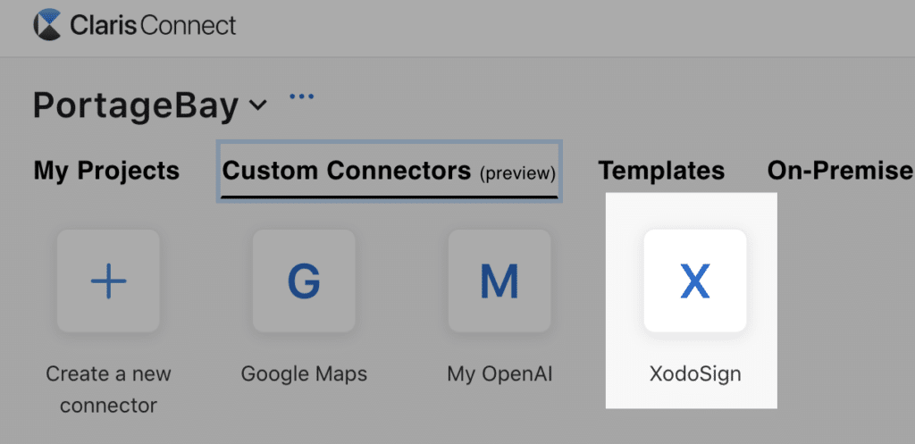 View of Xodo Sign custom connector icon within the list of custom connectors in Claris Connect.