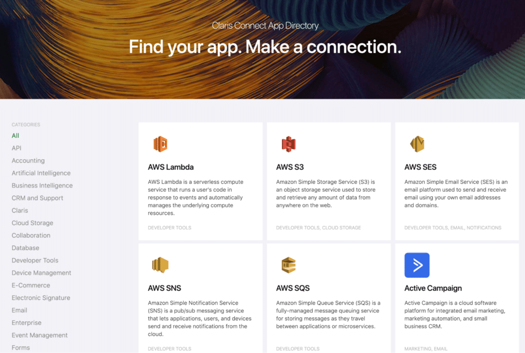Claris Connect app directory listing pre-built connectors available.