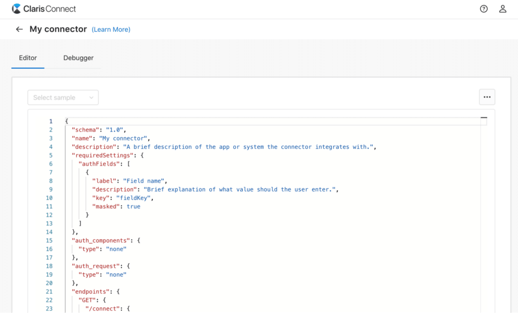 Sample view of the JSON file for the free Xodo Sign custom connector, within the JSON editor.