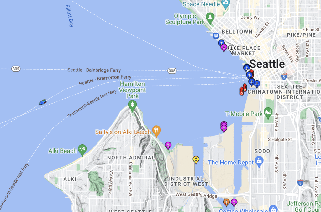 Elliot Bay, Seattle, with the current position of the Seattle to Bremerton Ferry visible on the left from ShipFinder.co