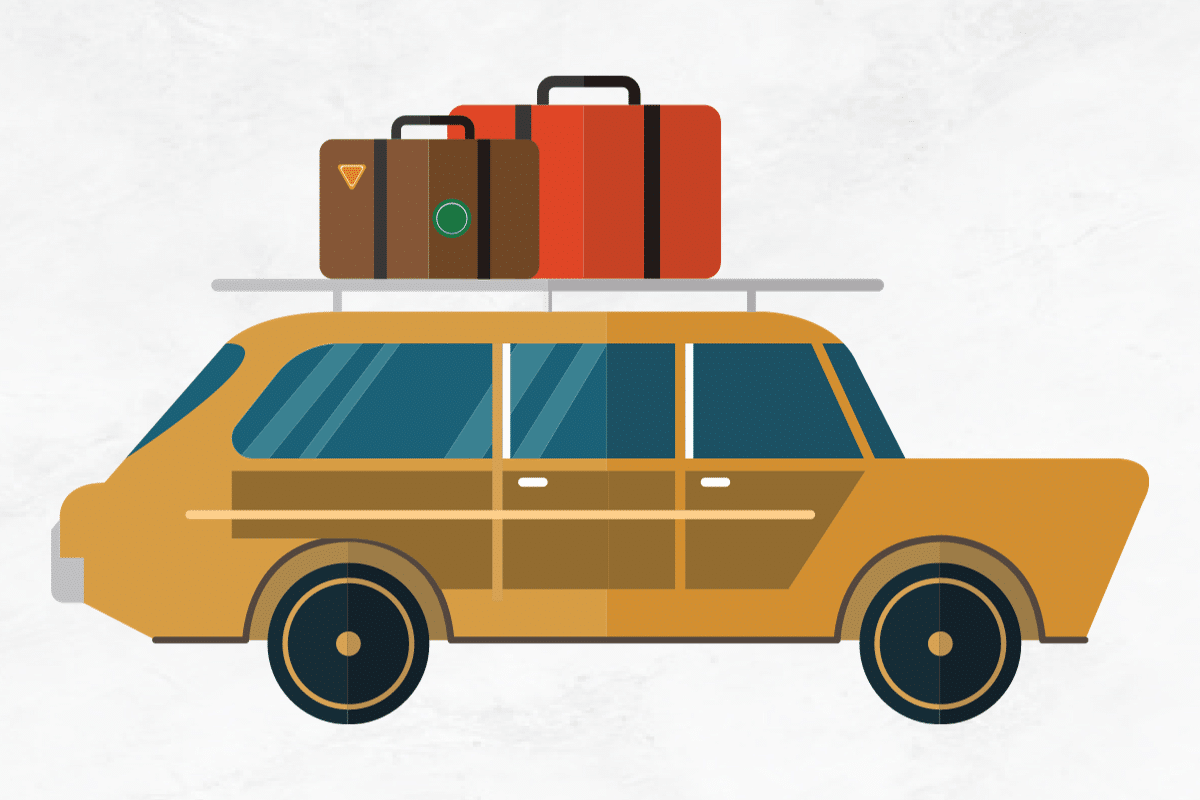Cartoon graphic of station wagon with suitcases strapped to the top