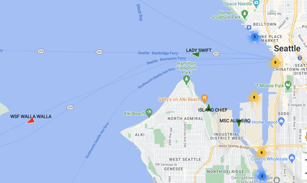 Ship positions in Elliot Bay, Seattle, as shown in our FileMaker AIS module developed with rapid prototyping.