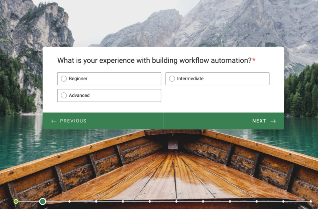 Screenshot of survey for workflow automation, showing rocky mountains from the perspective of a wooden boat.