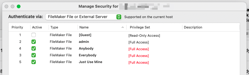 Screenshot of inadvisable security settings within Claris FIleMaker