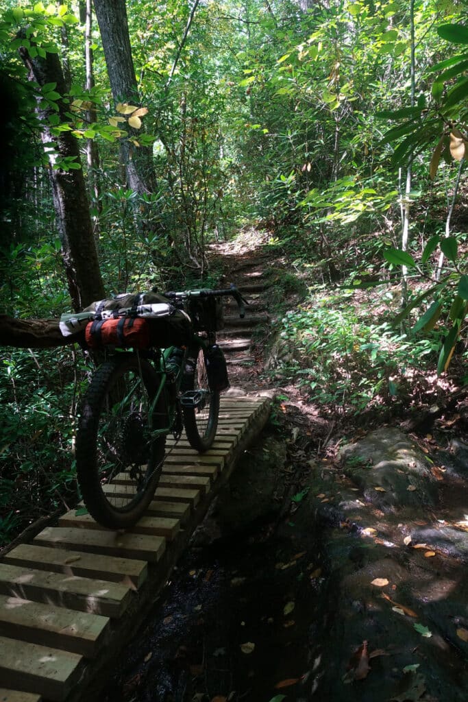 Photo of narrow wooden plank bike path through forest woods.