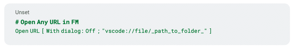 Code example of creating a call to VS Code using the "Open URL" script step.