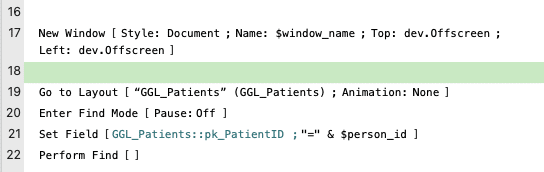 Screen shot of how to quickly add an additional line while scripting in FileMaker Pro, using the Shift + Return keyboard shortcut.