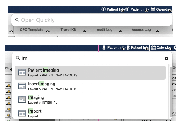 Screenshot from layout mode in Claris FileMaker Pro, of the Open Quickly keyboard shortcut in use