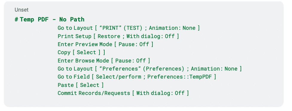 Scripting example for creating a temporary PDF in just two steps.