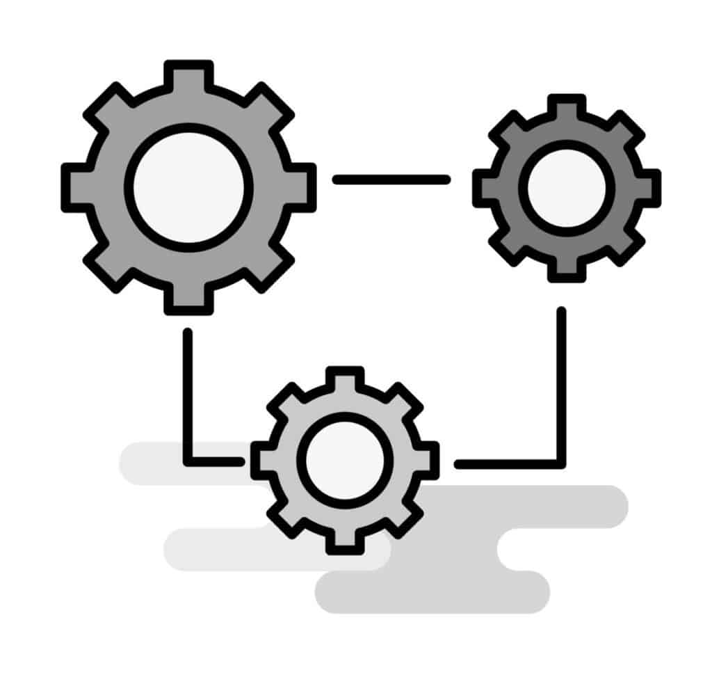 Black and white image of gear icons, representing helpful integrations to assist with programming challenges.