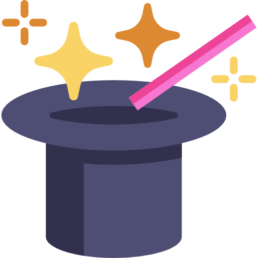Cartoon graphic of magician's hat with wand and stars.