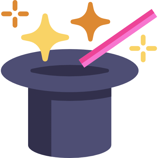 Cartoon graphic of magician's hat with wand and stars.