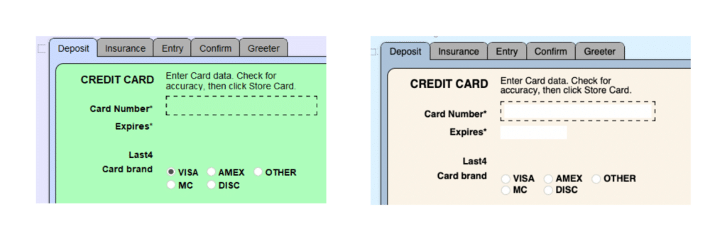 Screenshot of two Claris FileMaker layouts, one showing the difference in staff software when an outdated lime green color is replaced with a more neutral cream tone.