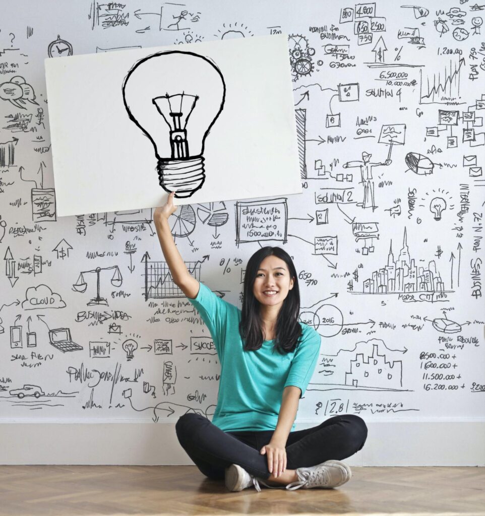 Photo of woman holding a poster with a large, illustrated lightbulb. She is sitting against a wall mural with lots of black and white sketches.