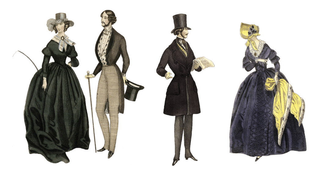 Full color sketch of Victorian-era people and the types of clothing they wore at the time.
