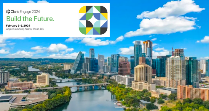 Landscape photo of the Austin skyline, with river in the foreground, with text about the dates for the Claris Engage 2024 FileMaker conference