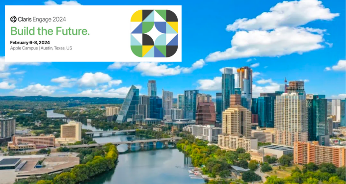 Landscape photo of the Austin skyline, with river in the foreground, with text about the dates for the Claris Engage 2024 conference